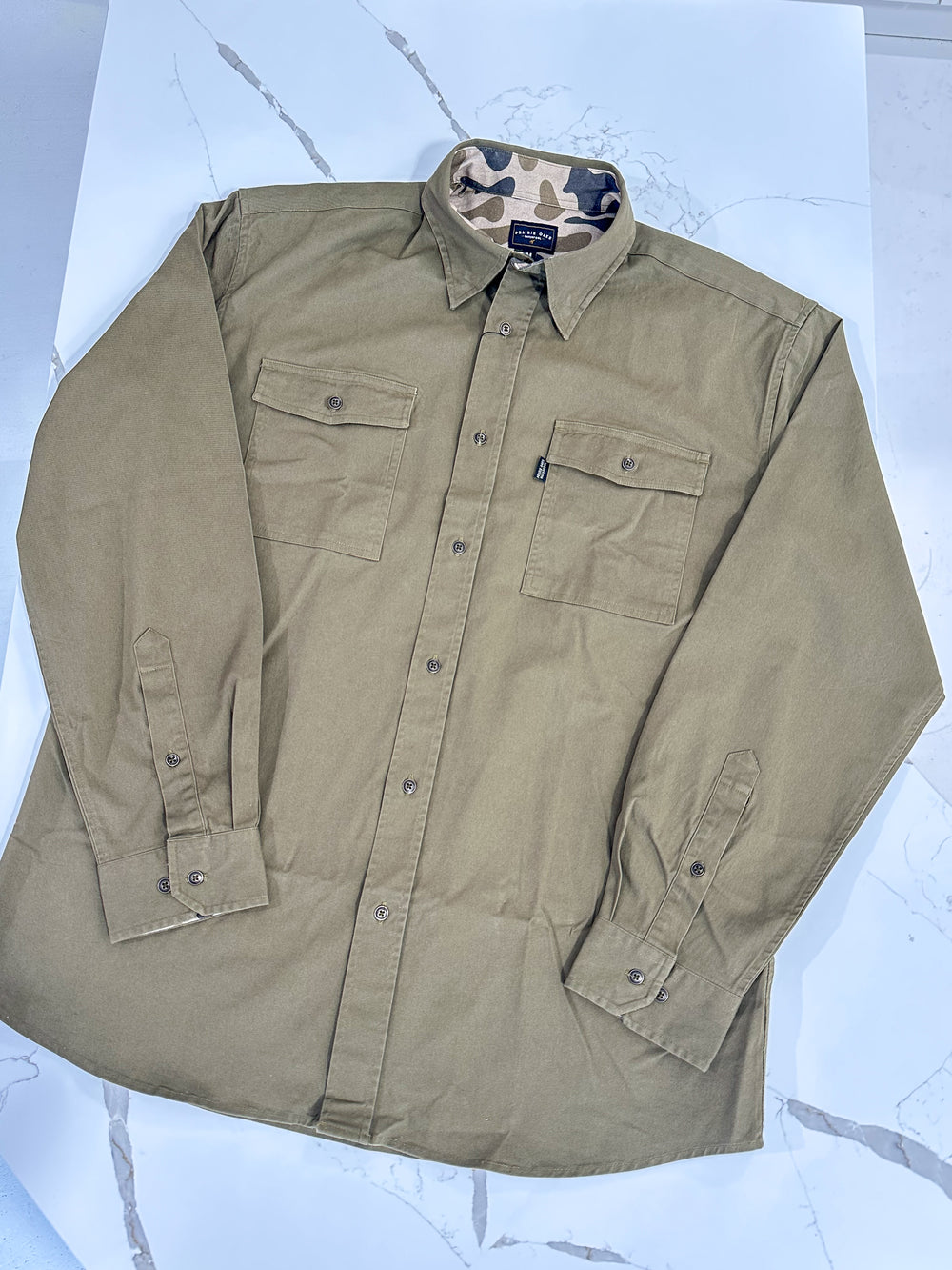 Prairie Oaks Waterfowl | Bottoms Button Down - Traditions Camo Olive