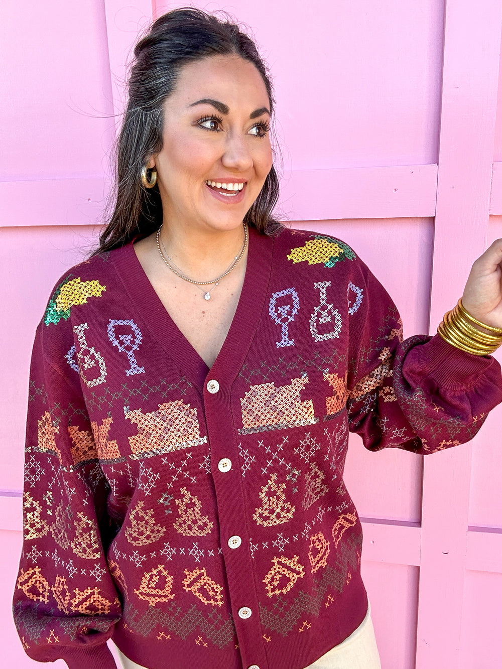 QUEEN OF SPARKLES | Maroon Needlepoint Thanksgiving Cardigan