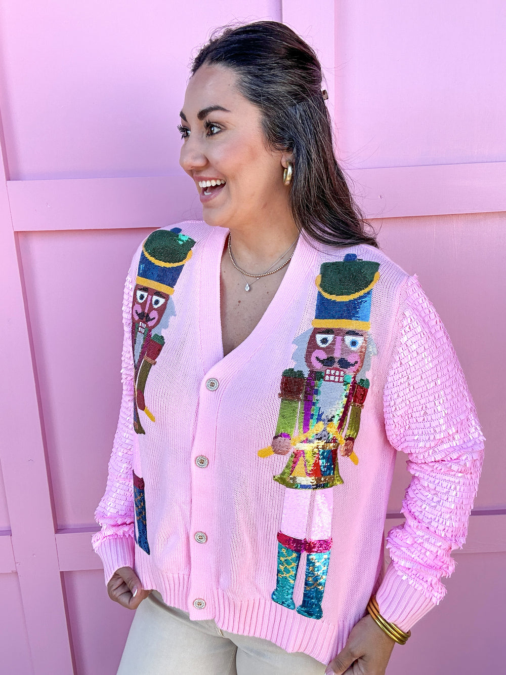 QUEEN OF SPARKLES | Pink Shard Sequin Sleeve Nutcracker Cardigan