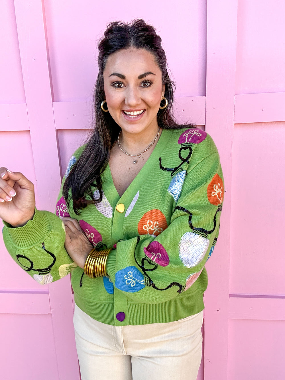 QUEEN OF SPARKLES | Green Multi Christmas Light Button Up Cardigan