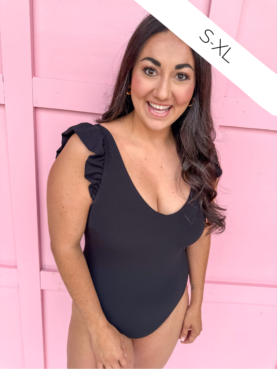 Mary Square Ashley Swimsuit Black Ruffle Strap Full Coverage One Piece Bathing Suit Summer Women's Jincy's 