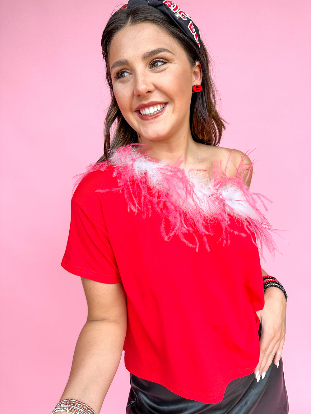 QUEEN OF SPARKLES | Red, Red/White One Shoulder Feather Tee