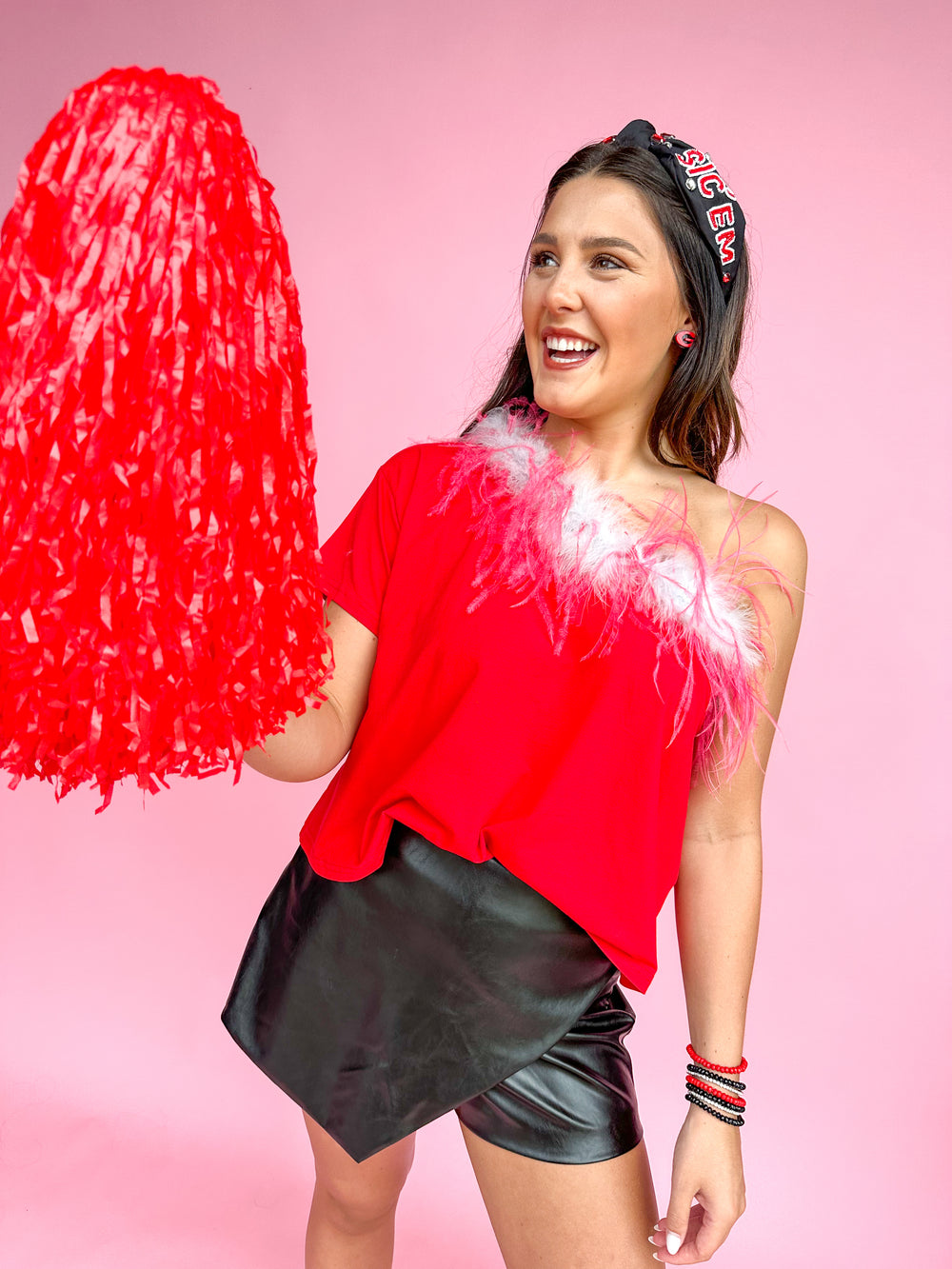 QUEEN OF SPARKLES | Red, Red/White One Shoulder Feather Tee