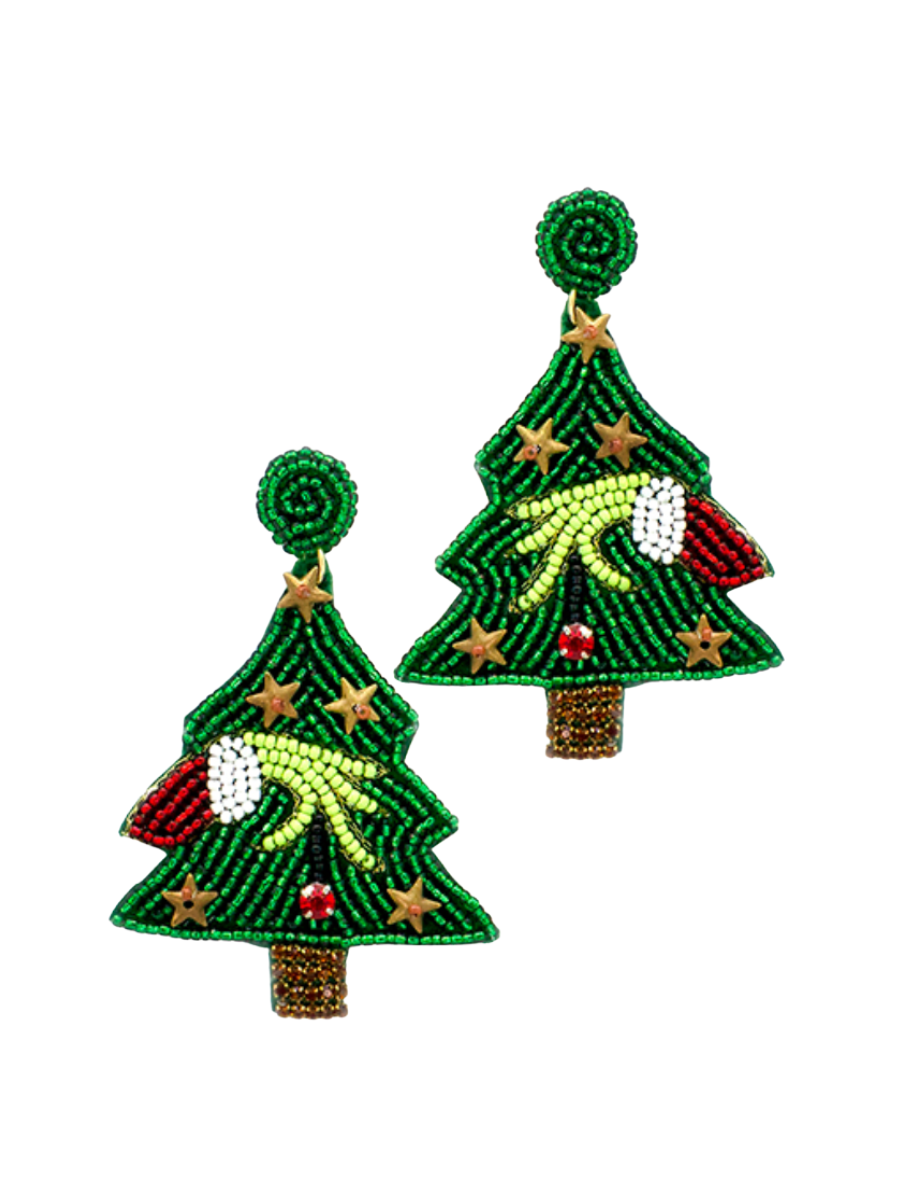 beaded earrings christmas tree green hand womens gift jincy's