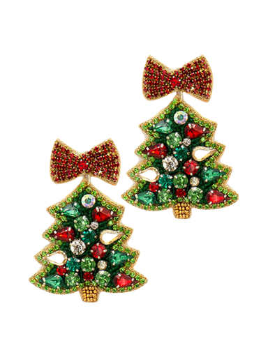 Red Bow Christmas Tree Earrings beaded & rhinestone womens gift jincy's 