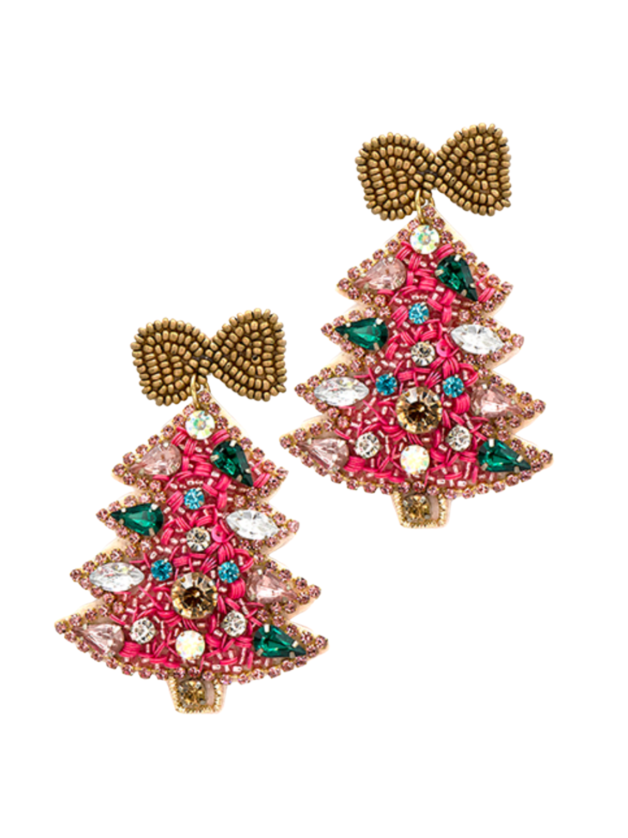pink christmas tree earrings beaded rhinestones womens gift jincy's