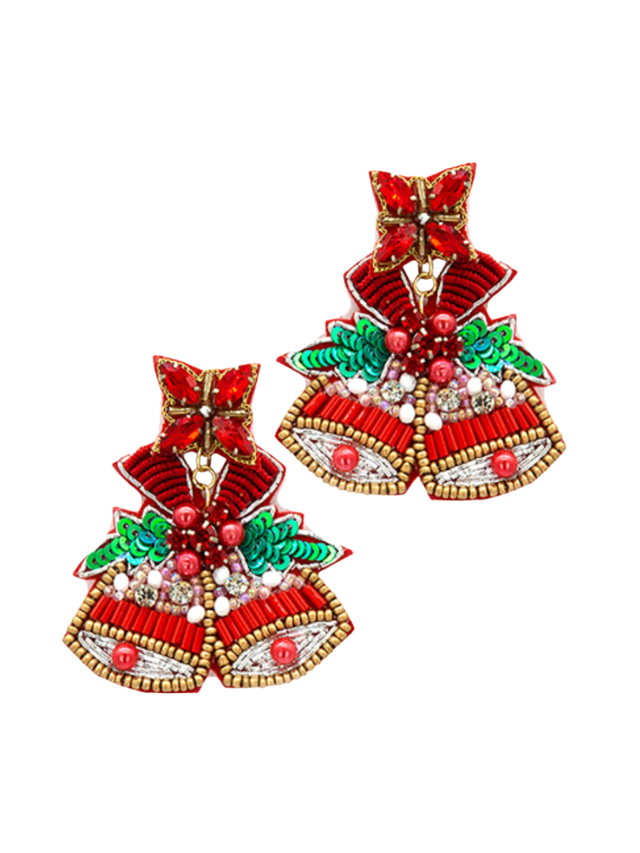 christmas bell earrings fully beaded and rhinestones womens gift jincy's