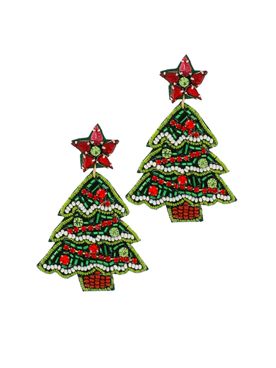 Beaded Poinsettia Christmas Tree Earrings