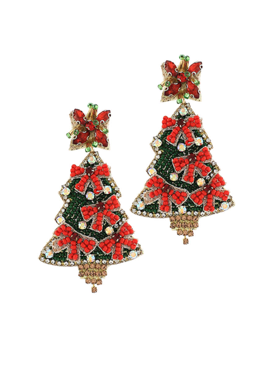 Beaded Bow Christmas Tree Earrings