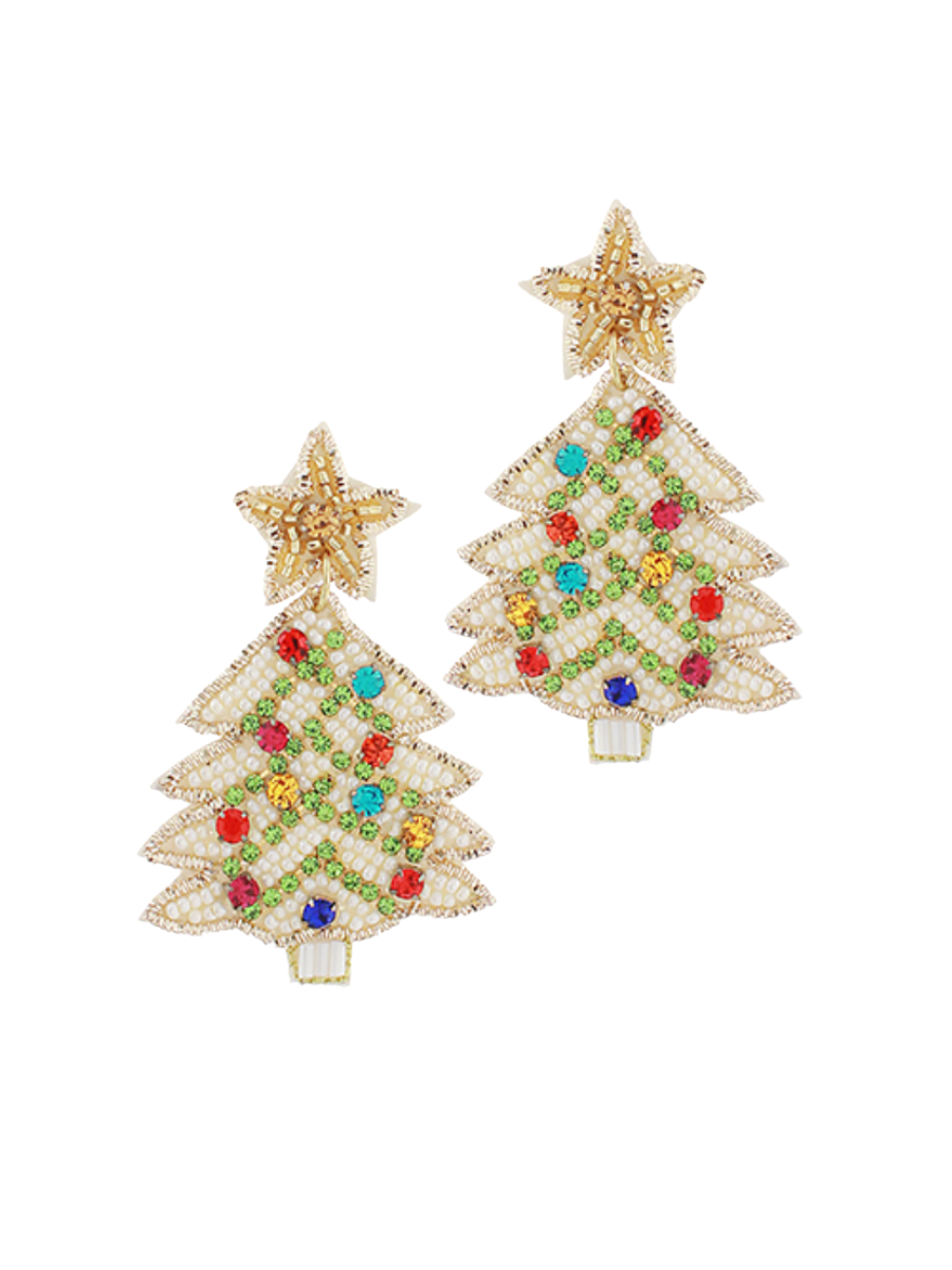 Beaded White Christmas Tree Earrings