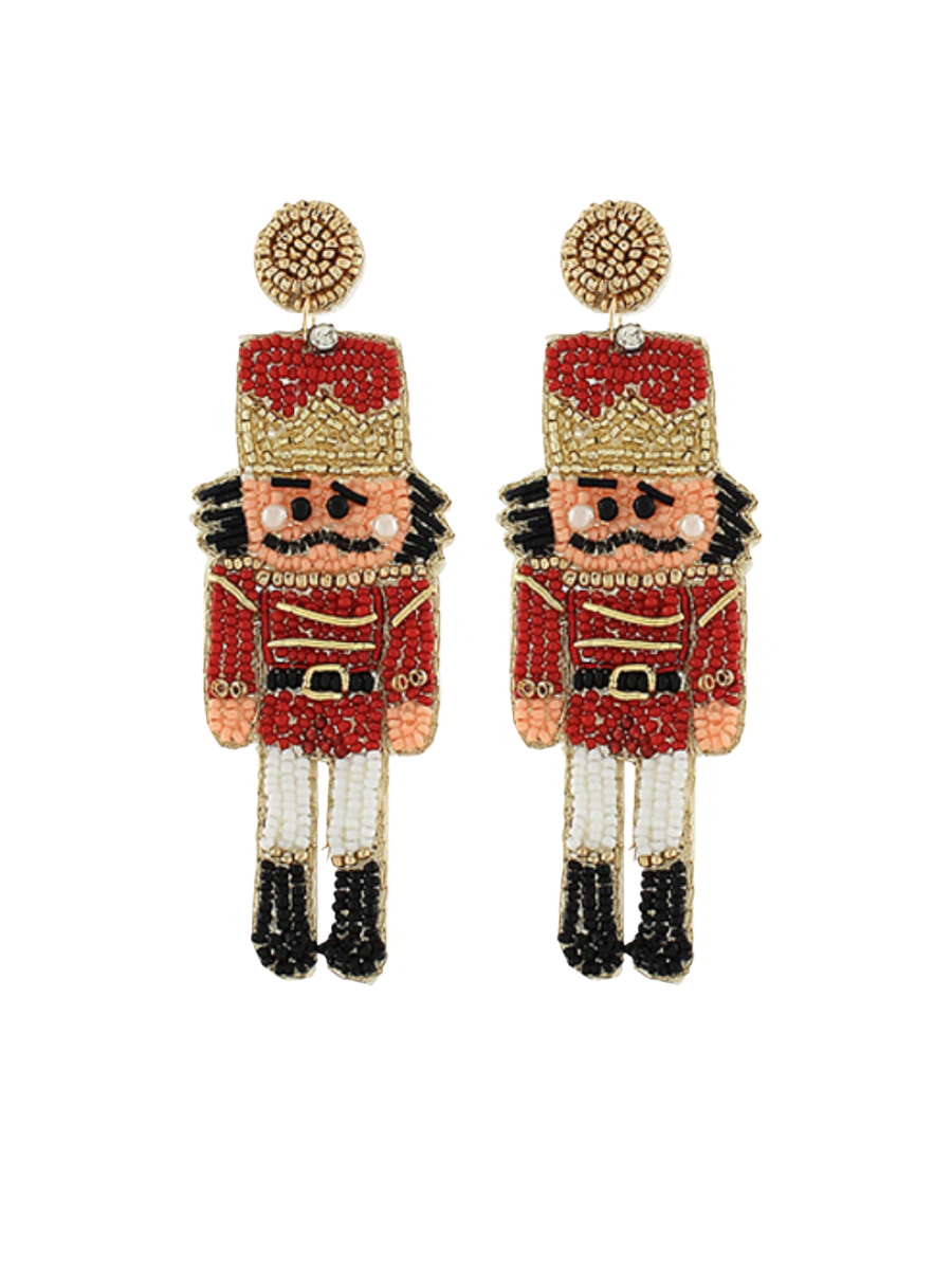 Beaded Christmas Nutcracker Earrings - Red