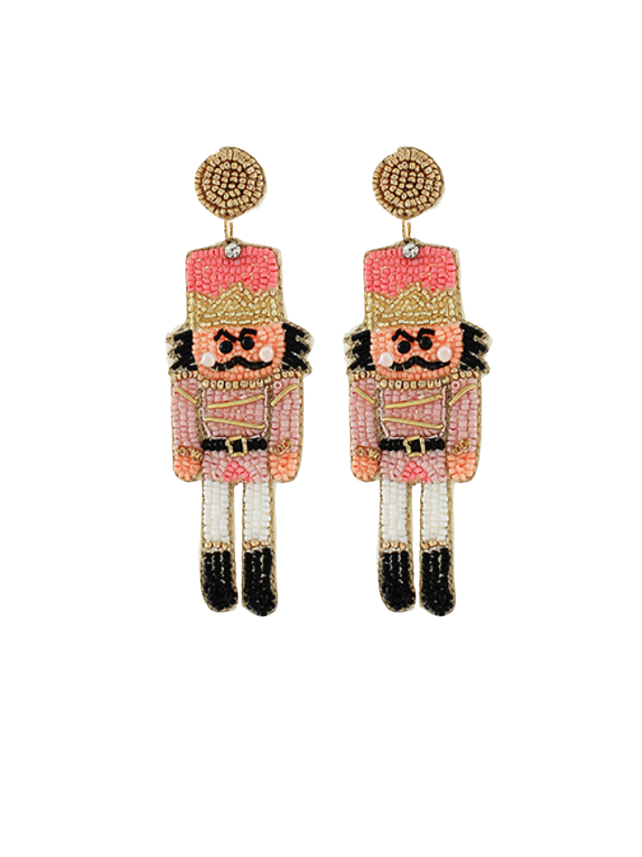 Beaded Christmas Nutcracker Earrings - Pink
