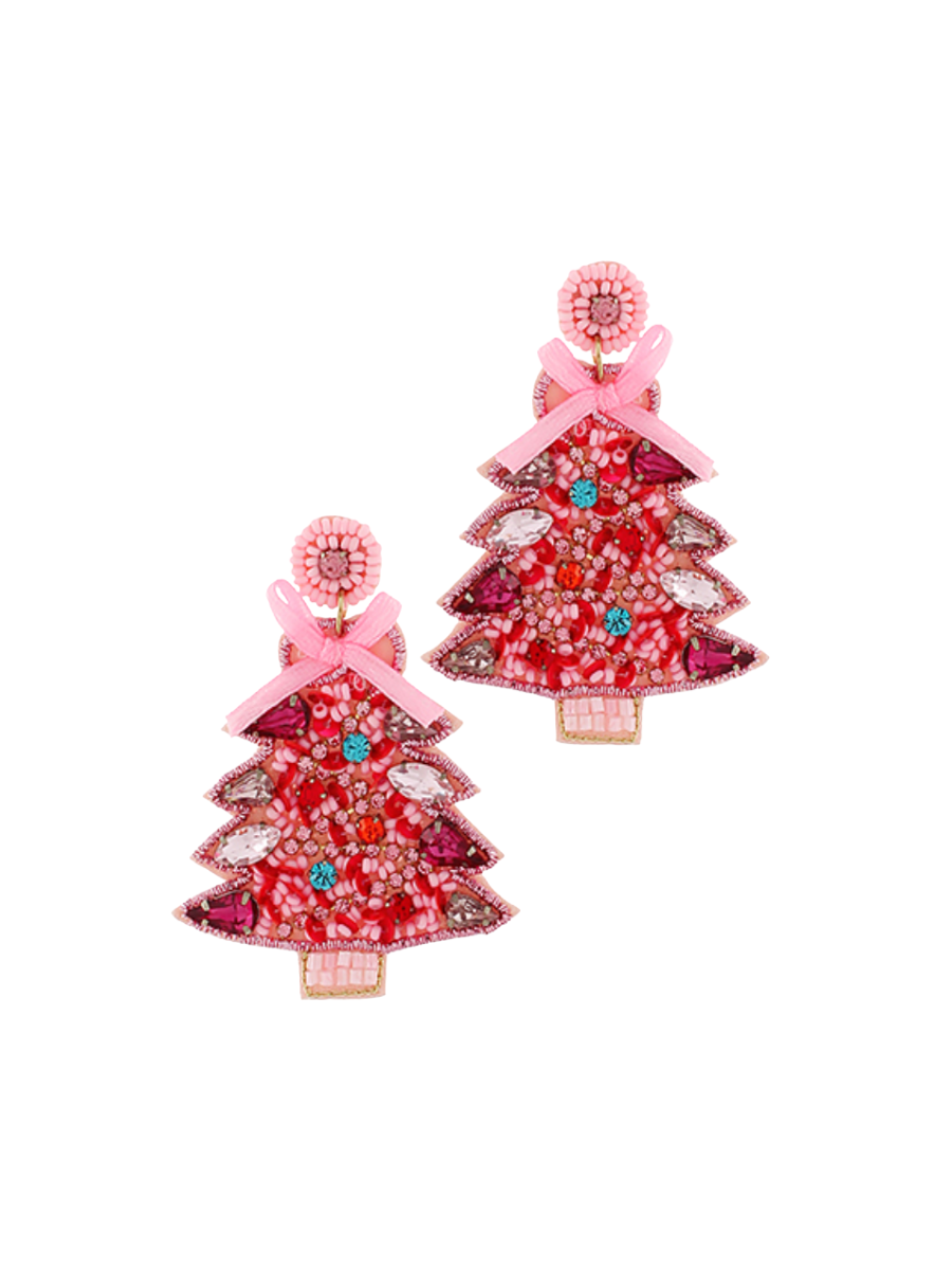 Bow Beaded Christmas Tree Earrings - Pink