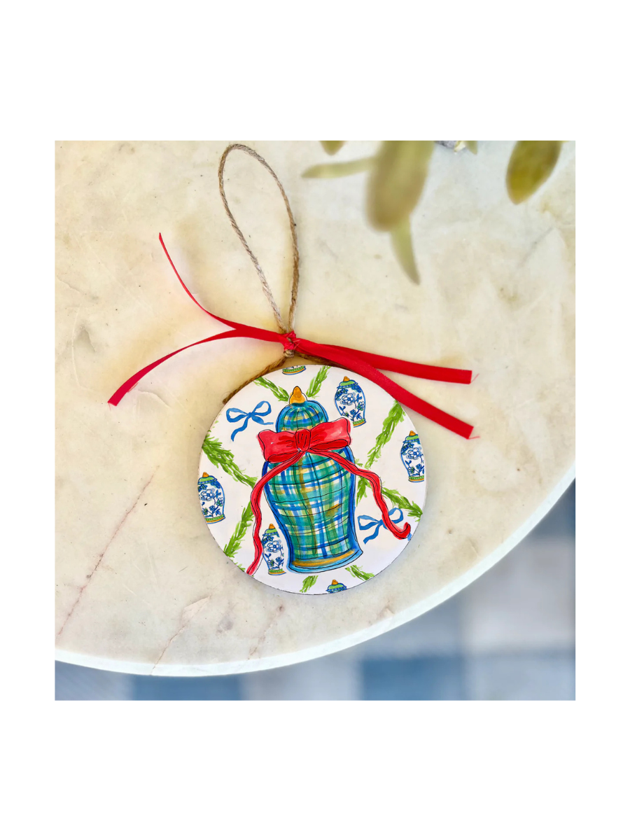 Happy By Rachel | Plaid Ginger Jar Wood Ornament