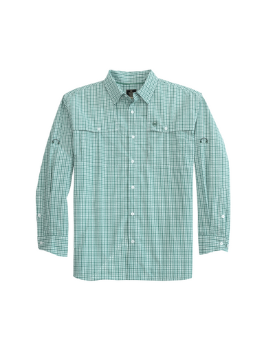 Heybo Headwaters Long Sleeve Button Down Collar Pockets Fishing Shirt Checkered Green White Jincy's Tripp Men's Shirt