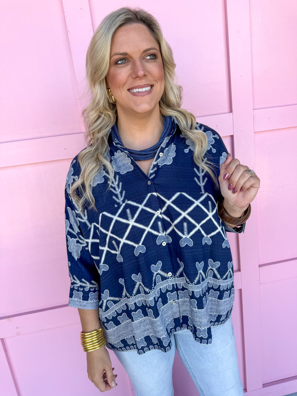 Autumn Floral Trellis Top - Navy