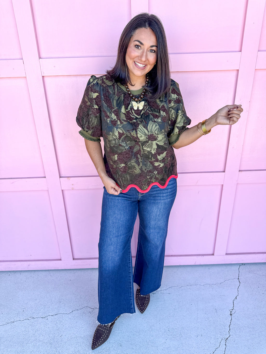 Fall Statement Floral Jacquard Top – Olive