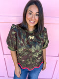 Fall Statement Floral Jacquard Top – Olive