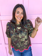 Fall Statement Floral Jacquard Top – Olive