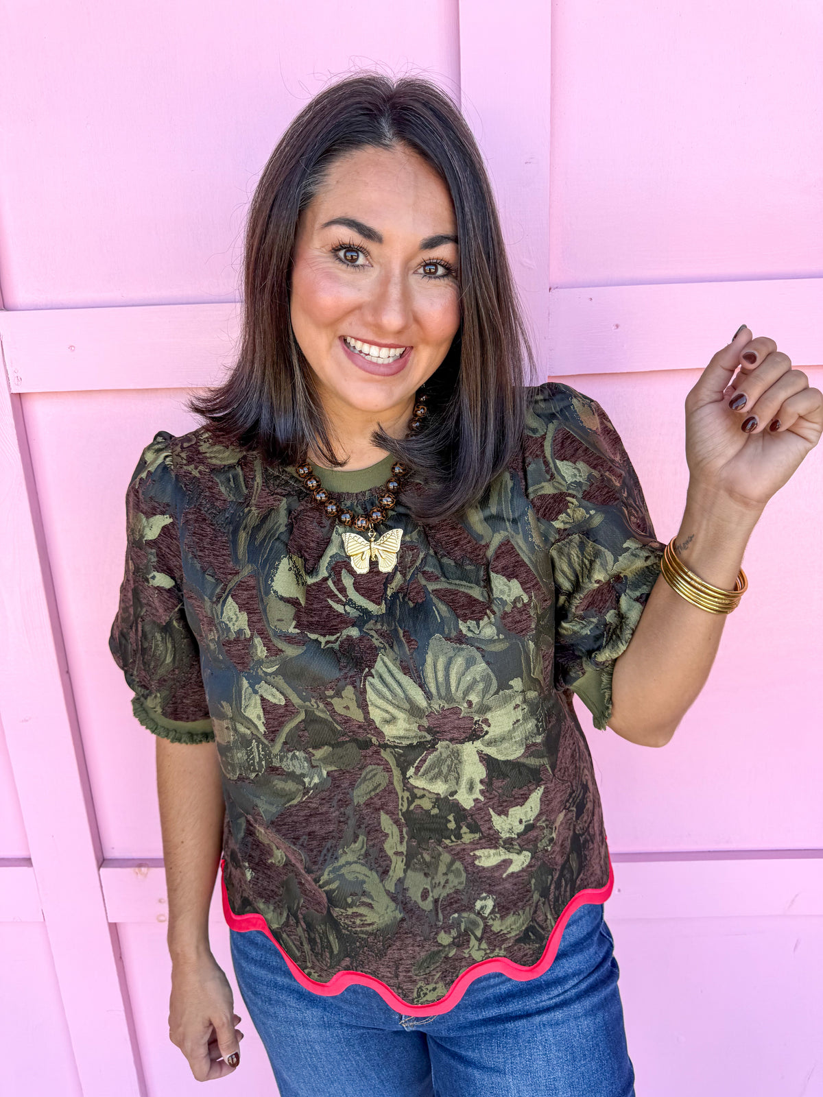 Fall Statement Floral Jacquard Top – Olive