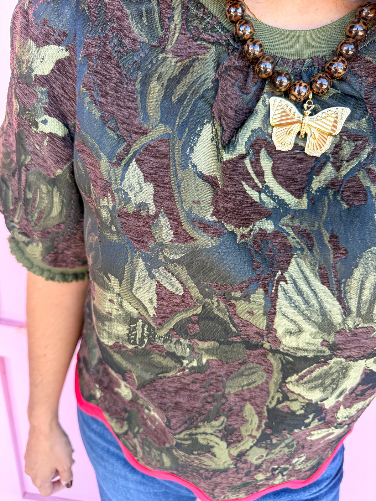 Fall Statement Floral Jacquard Top – Olive