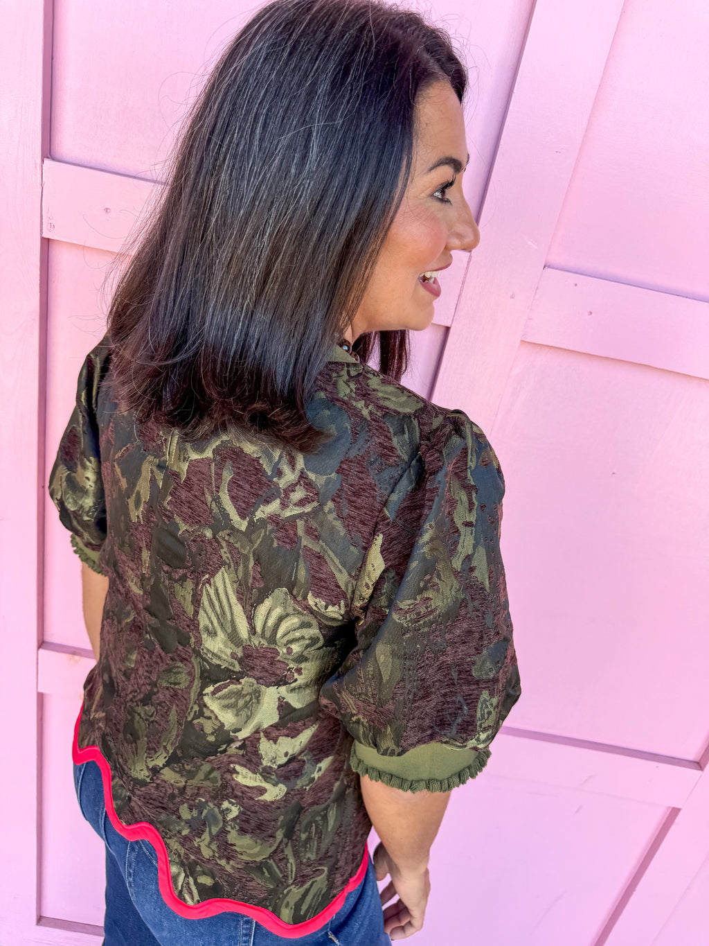 Fall Statement Floral Jacquard Top – Olive