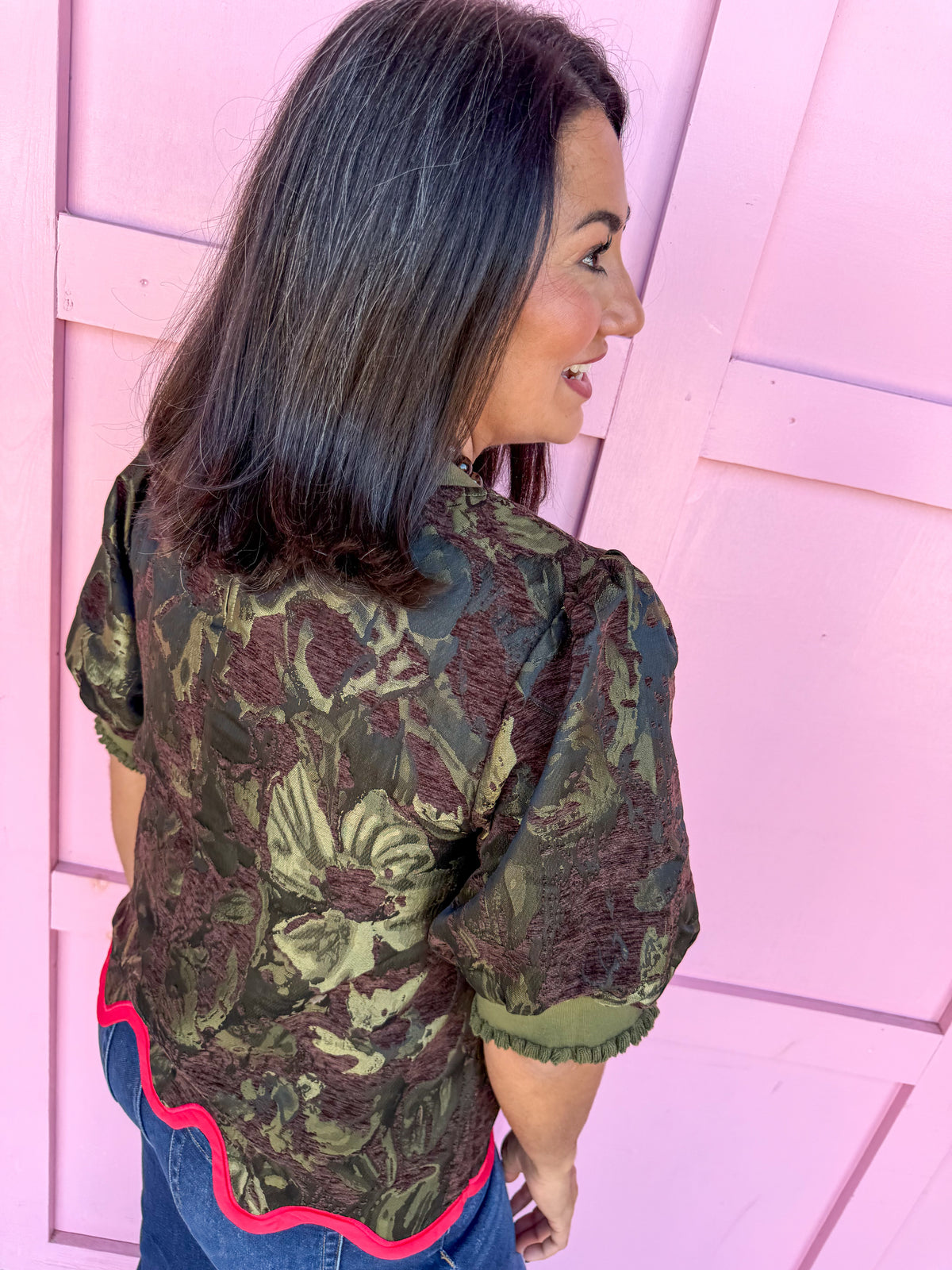 Fall Statement Floral Jacquard Top – Olive