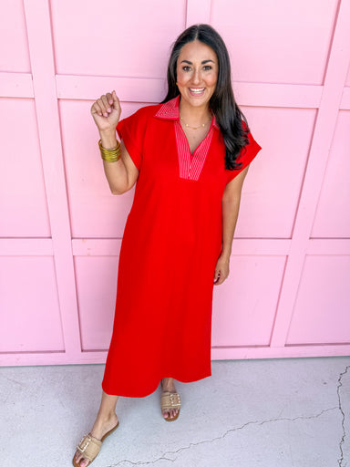 Embroidered Collar midi length side slit red light weight womens boutique jincy's