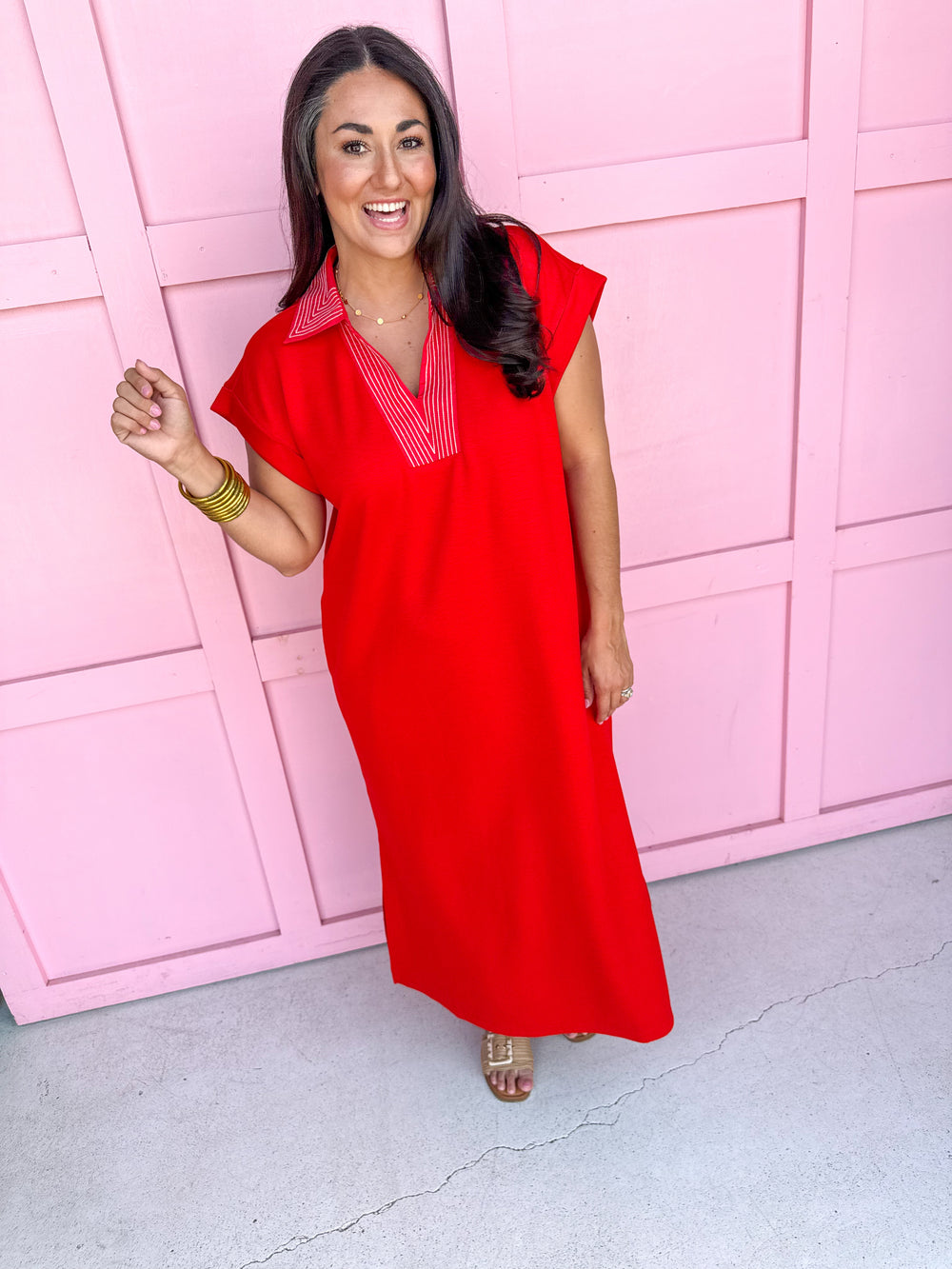 Embroidered Collar midi length side slit red light weight womens boutique jincy's