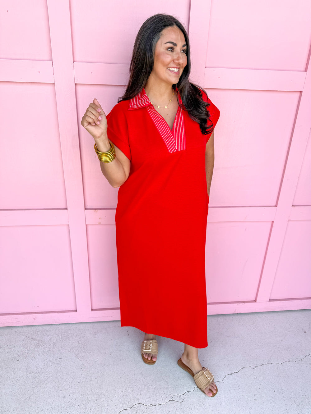 Embroidered Collar midi length side slit red light weight womens boutique jincy's