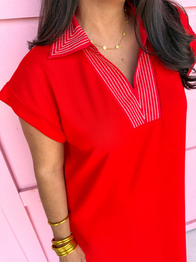 Embroidered Collar midi length side slit red light weight womens boutique jincy's