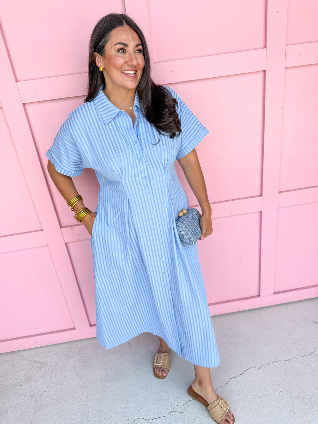 womens boutique jincy's empire waist blue stripes midi button front jincy's