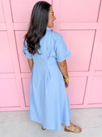 womens boutique jincy's empire waist blue stripes midi button front jincy's