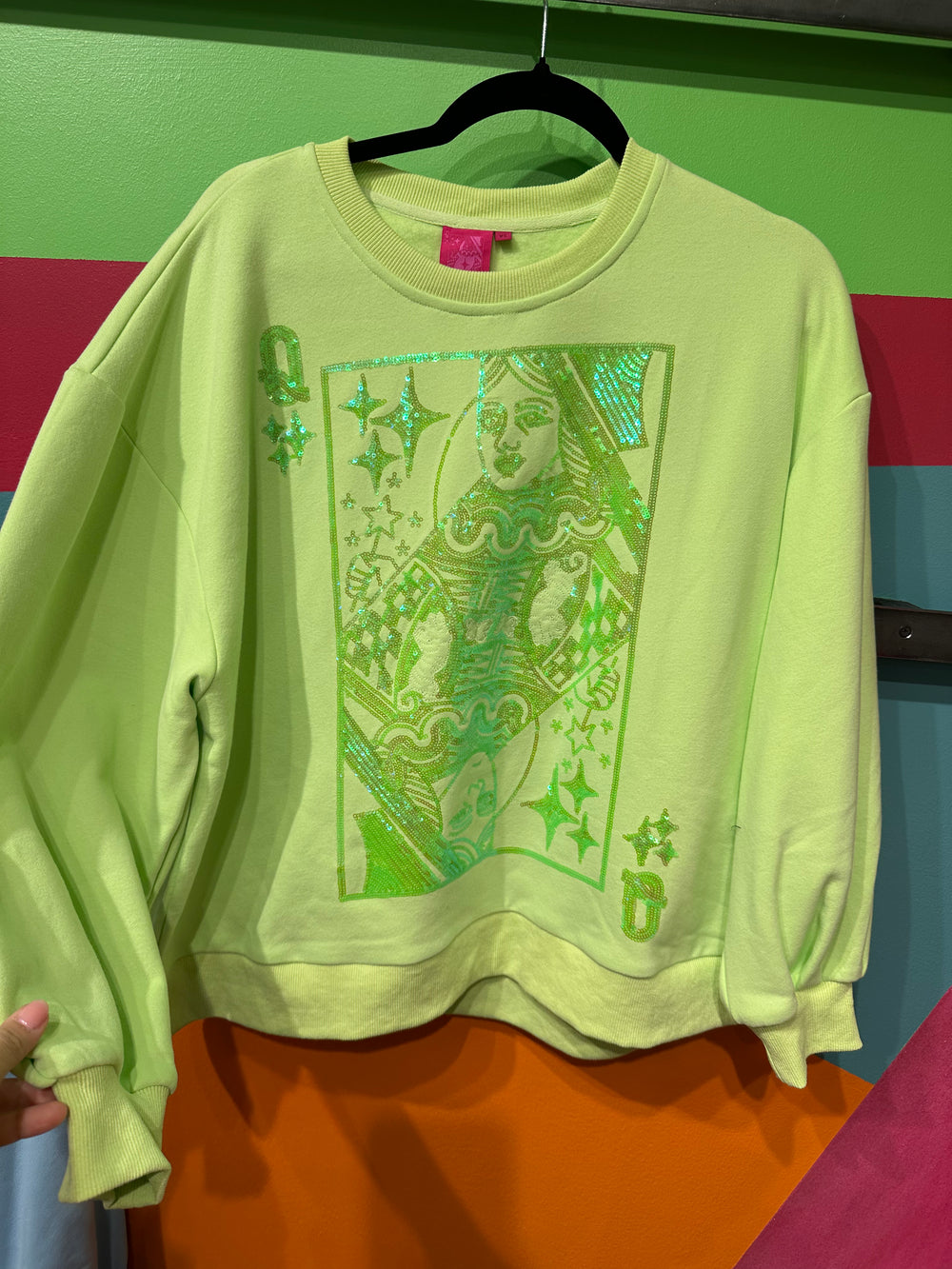 QUEEN OF SPARKLES | Lime Green Tonal QOS Logo Sweatshirt