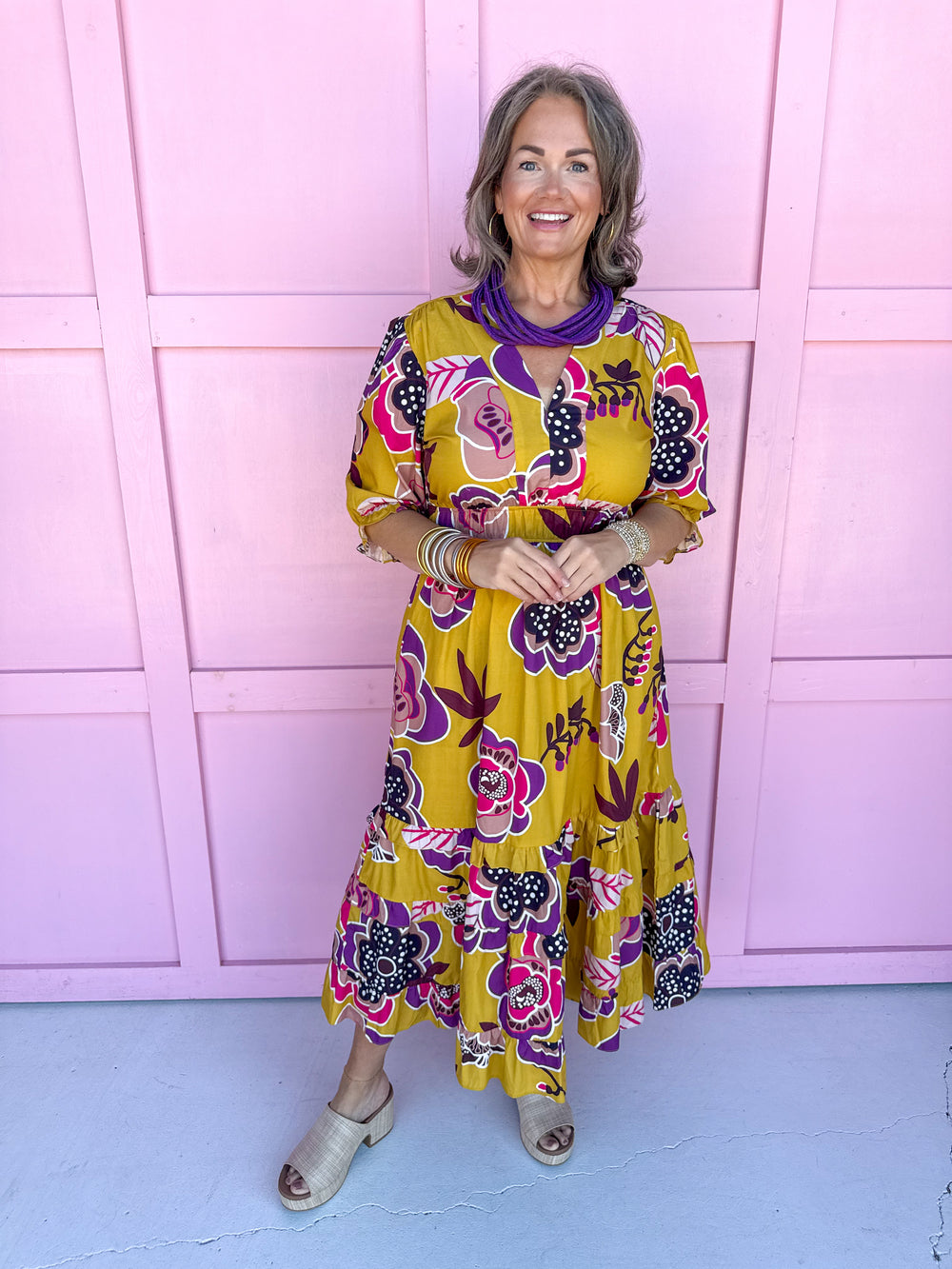 Jincy's Women's Boutique Mustard Fall floral midi dress plus