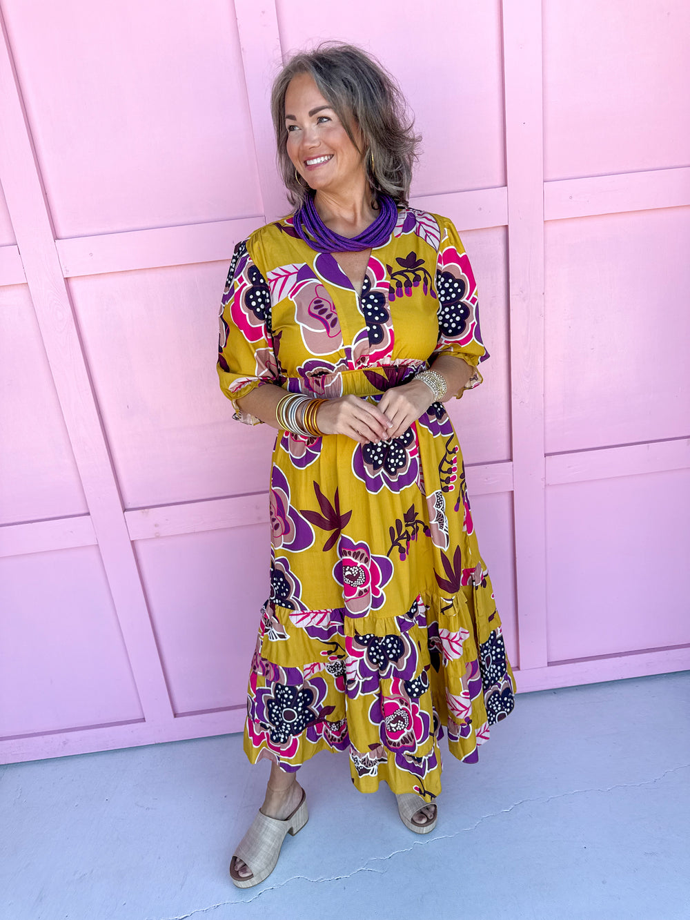 Jincy's Women's Boutique Mustard Fall floral midi dress plus