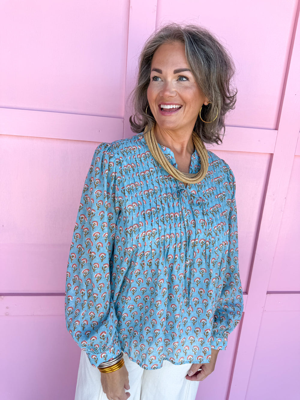 Jincy's Women's boutique Fall floral long sleeve top light blue