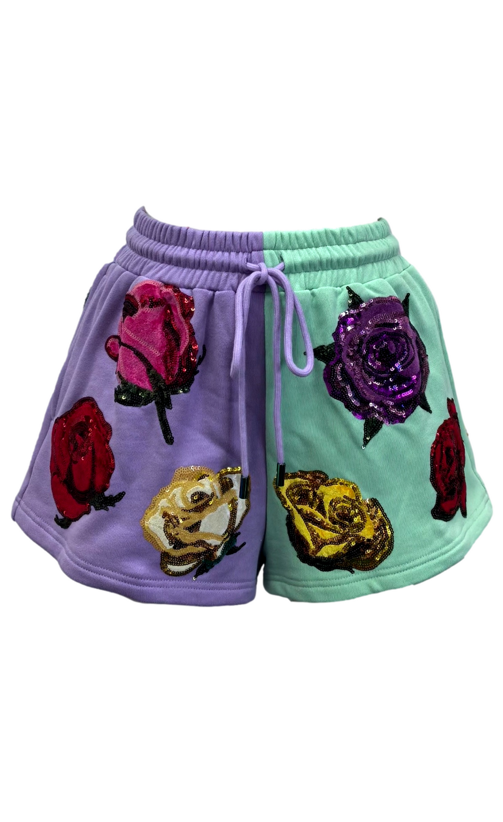 QUEEN OF SPARKLES | Pastel Colorblock Velvet Roses Shorts