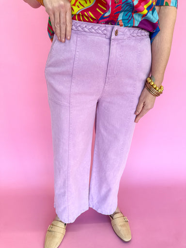 Entro P23849 Boutique Pant Braid Rope Waist Detail Wide Leg Has Pockets Purple Light Purple Lavender Work Pants Jincy's