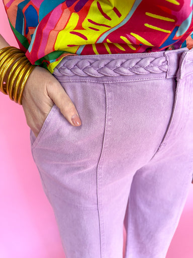 Entro P23849 Boutique Pant Braid Rope Waist Detail Wide Leg Has Pockets Purple Light Purple Lavender Work Pants Jincy's