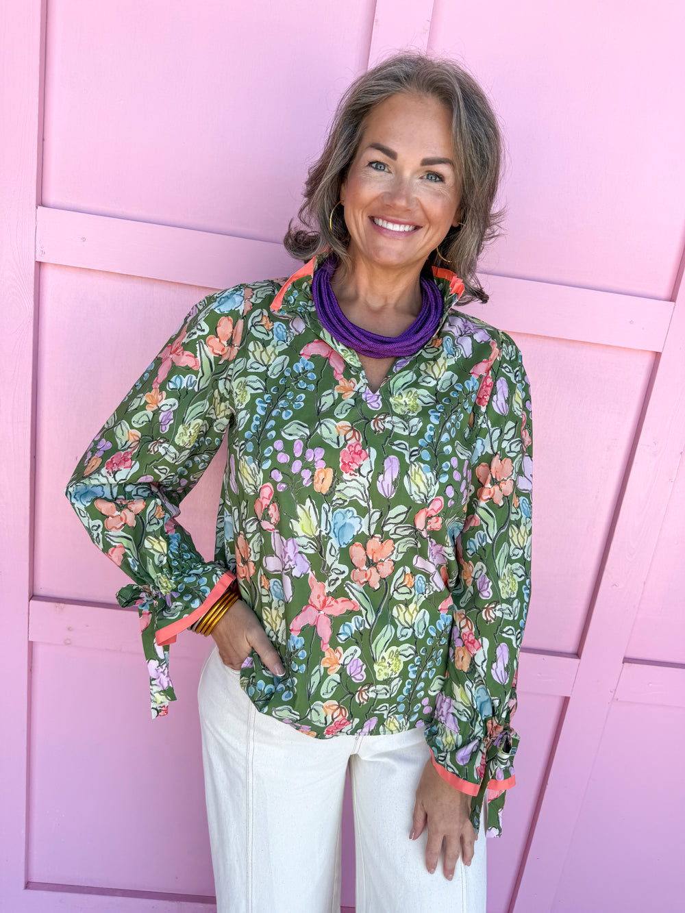 womens boutique green floral print tie sleeve cuffs vneck pop collar jincy's