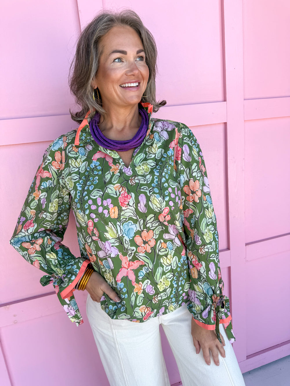 womens boutique green floral print tie sleeve cuffs vneck pop collar jincy's