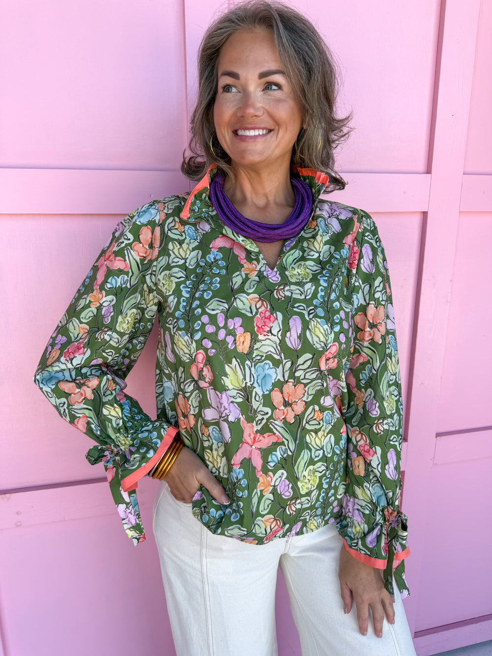 womens boutique green floral print tie sleeve cuffs vneck pop collar jincy's