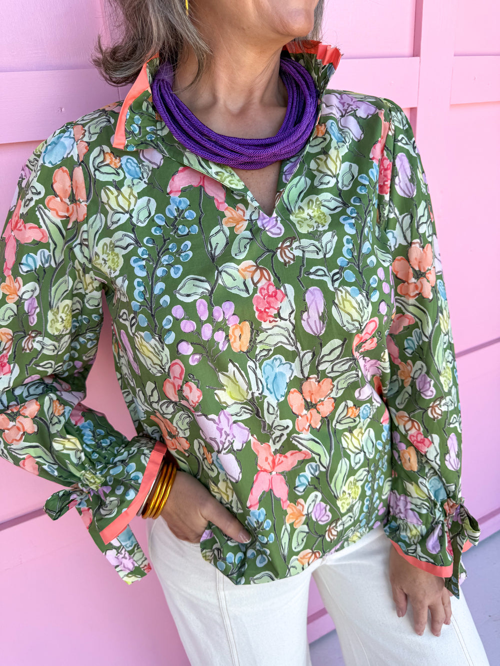 womens boutique green floral print tie sleeve cuffs vneck pop collar jincy's