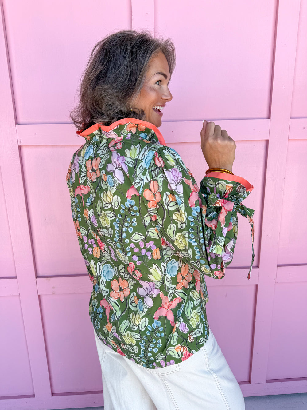 womens boutique green floral print tie sleeve cuffs vneck pop collar jincy's