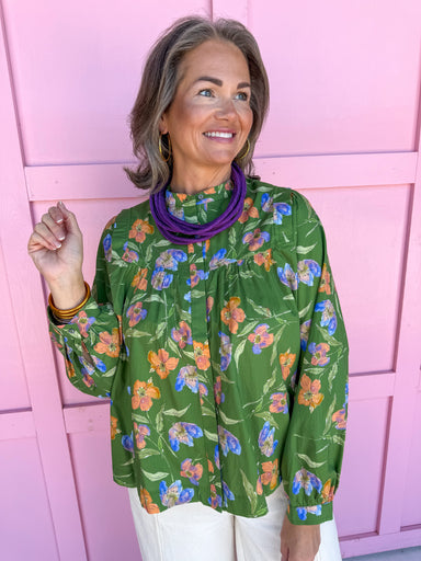 womens boutique top floral pattern green button front button cuff sleeves jincy's