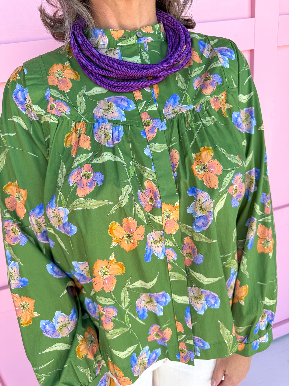 womens boutique top floral pattern green button front button cuff sleeves jincy's