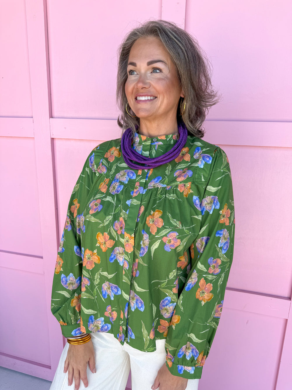 womens boutique top floral pattern green button front button cuff sleeves jincy's