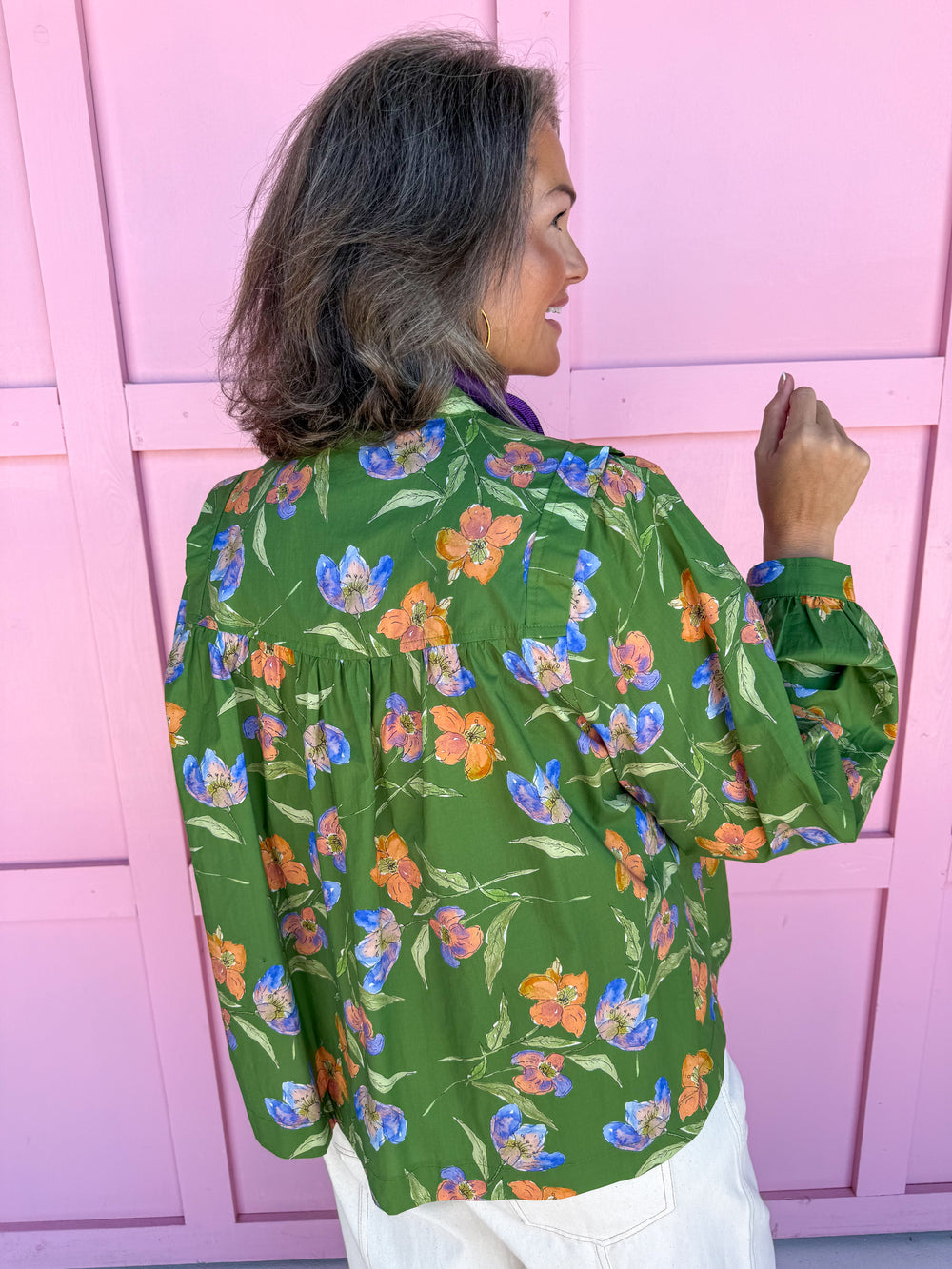 womens boutique top floral pattern green button front button cuff sleeves jincy's