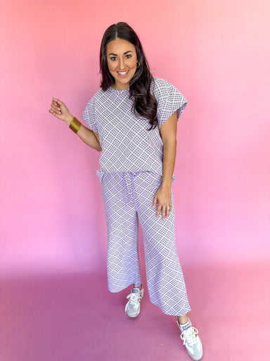 See And Be Seen T3872 Women's Set Lavender Set Spring Set Work Set Short Sleeve Wide Leg Crop Length Boutique Set Geometric Purple Jincy's